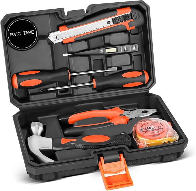 9 Piece Tool Kit for Home, Small Tool Sets for Men, Women, Mini Hand Tools with Plastic Tool box, Ideal for Household, Repair
