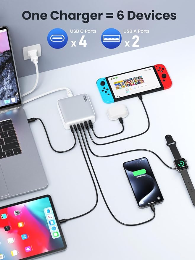USB C Charger Block Charging Station 200W,Upgraded GaN IV 6-in-1 USB C Charger Fast Charging Hub,PD 65W Laptop Desktop Charging Adapter Compatible with MacBook/iPad, DELL,iPhone 16/15,Android etc