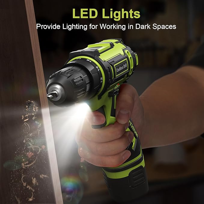 Cordless Drill Set,12V Power Drill Driver 3/8" Keyless Chuck with 42 Acessories, Built-in LED Light, 25+1 Position, Electric Drill for Home DIY Projects (Green)