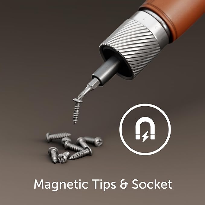 Lunar Artefacts Precision Electric Cordless Rechargeable Brown Leather and CNC Aluminum Screwdriver with 24 Magnetics Bits and Easy Storage Toolbox