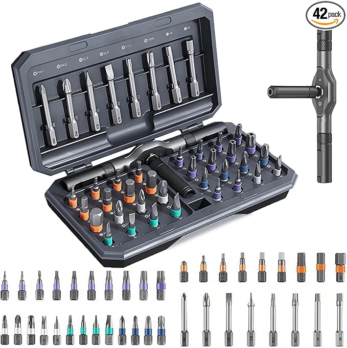 42 in 1 Magnetic Screwdriver, Screwdriver Set, Multi Bit Ratcheting Screwdriver Set with Storage Case Repair Tool Kit for Computer, Eyeglass, Bicycles, Watch, Ring Doorbell, Furniture and DIY (Grey)