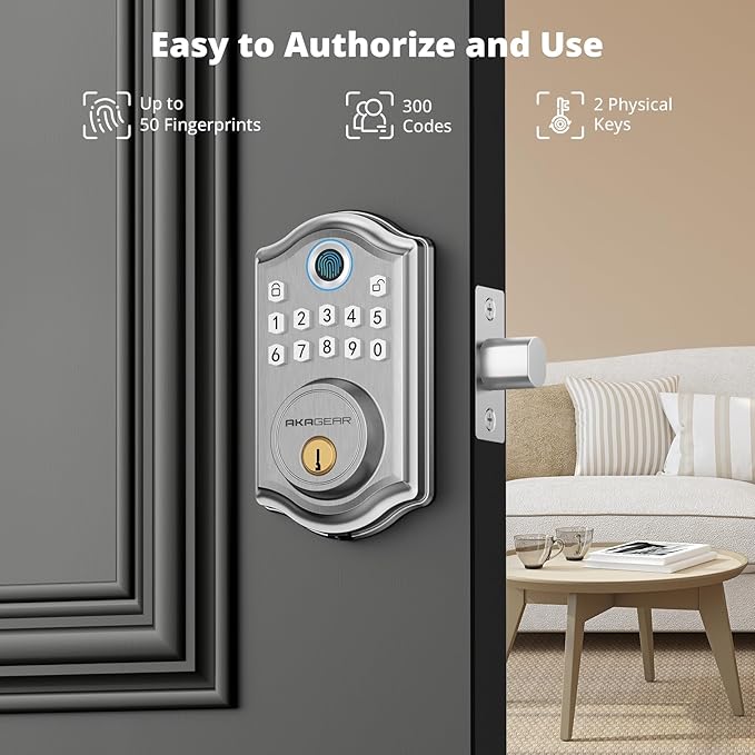 DS10 Keyless Entry Door Lock - Fingerprint Door Lock with 2 Keys, Electronic Keypad Deadbolt, Smart Door Lock, Keypad Lock for Front Door, Auto-Lock & One Touch Locking - Satin Nickel