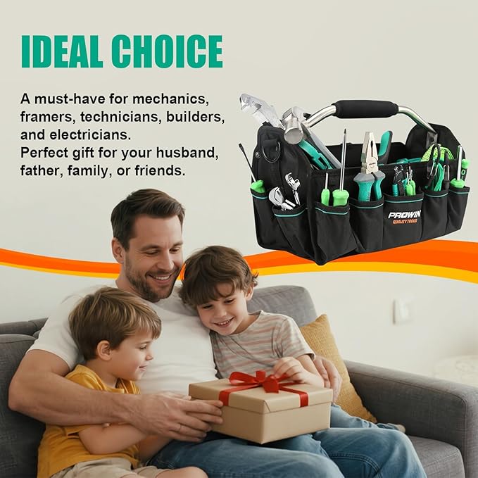 Prowin 16" Multi-pocket Tool Organizer with Plastic Waterproof Bottom, Heavy-duty Collapsible Tote Wide Mouth Tool Tote Bag 600 Denier Roomy Pro Sized Tote Black