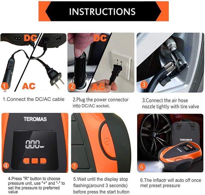 TEROMAS Tire Inflator Portable Air Compressor, Air Pump DC/AC for Car Tires 12V DC and Other Inflatables at Home 110V AC, Digital Electric Tire Pump with Pressure Gauge(Orange)