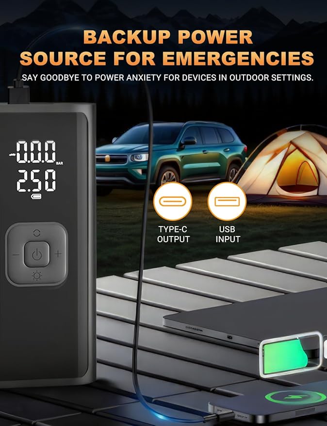 Tire Inflator Portable Air Compressor, 150 PSI Cordless Air Pump with Digital Pressure Gauge Auto Shutoff LED Lights for Cars Motorcycles Bikes Balls