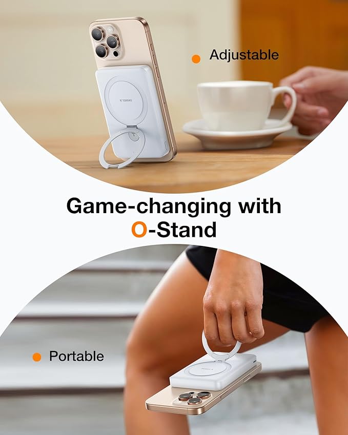 TORRAS 10000mAh Magnetic Portable Charger Power Bank for iPhone, Fast Charging Travel Essential Wireless Battery Pack Slim with OStand Compatible with Magsafe, 16 Pro Max,Pro,15,14,13,12, White
