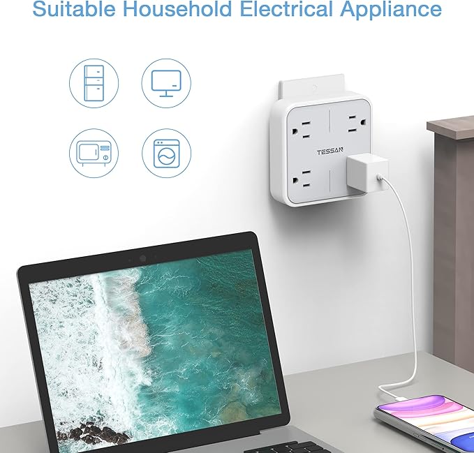 Multi Plug Outlet Splitter, TESSAN Widely Spaced Outlet Extender with 4 AC, Wall Plug Expander Surge Protector for Home, Office, Dorm Essentials
