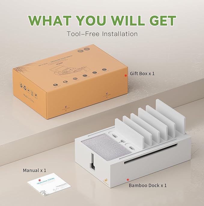 Pezin & Hulin Bamboo Charging Station, Electronic Devices Organizer for Multiple Devices Charger Such As Cell Phone, Tablet, Watch and More, White, (No USB Charger and Cables