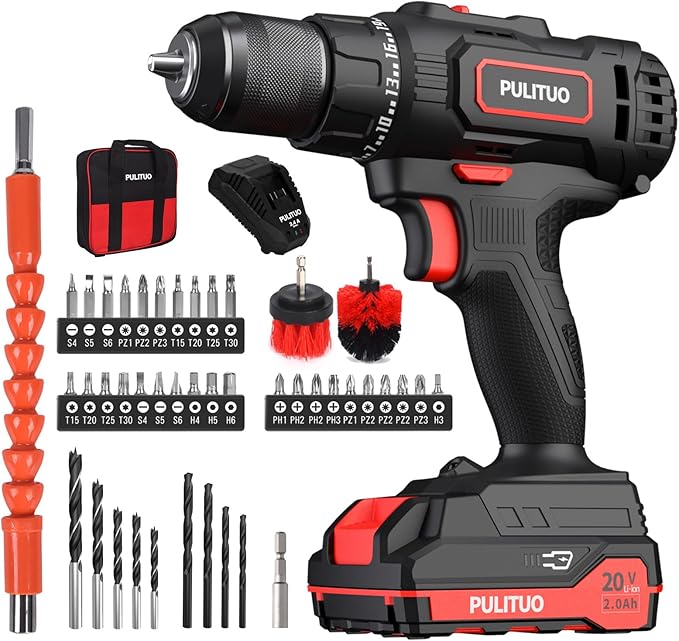 PULITUO Cordless Drill Set, 20V/2.0Ah Electric Power Drill, Torque 45N.m, 25+1 Torque Setting,1/2” Keyless Chuck, 2 Variable Speed Setting, with 43 PCS Bits, Storage Bag