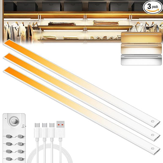 276 LED Under Cabinet Lights Wireless with Full Lighting,Rechargeable Closet Lights with Remote and Motion Sensor Indoor,Under Counter Light with CCT and Dimmable for Kitchen,Stair(3 Pack,31.5inch)
