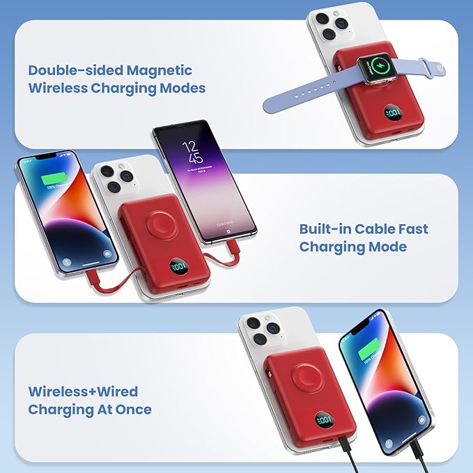 Magnetic Portable Charger 10800mAh for iPhone with Built-in Cables, 6-in-1 Wireless Power Bank with iWatch Charger, 25W PD Fast Charging USB C Battery Pack for iPhone 16/15/14/13/12, Apple Watch(Red)