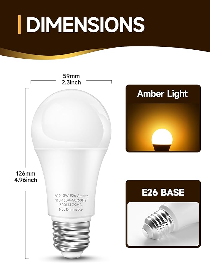 Sleep Light Bulb, 3W Amber Light Bulbs, 1800K Warm Light Bulbs, Blue Light Blocking Dim Bulbs, E26 A19 Mood Soothing Light for Bedroom and Baby Kid Nursery, 2 Pack