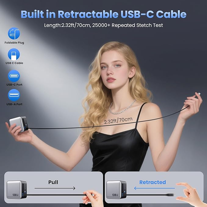 130W USB C Charger Built-in Retractable Cable,Upgraded GaN IV 3 in 1 Fast Charging Station Foldable Plug Wall Charger,PD PPS 65W Laptop Adapter for MacBook Pro/Air,iPad,iPhone 16/Pro,Galaxy S25,Dell