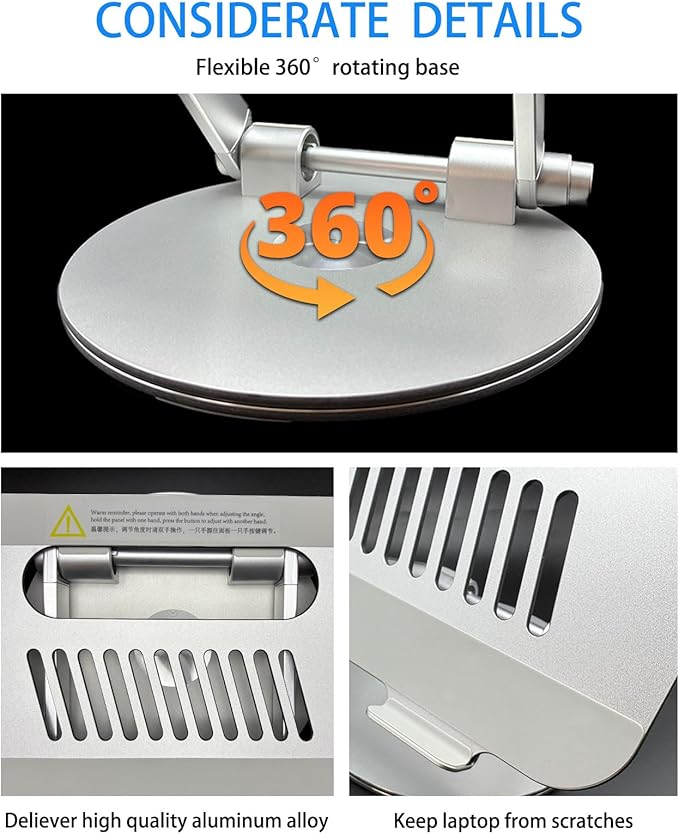 Laptop Stand for Desk, Adjustable Computer Stand with 360° Rotating Base, Ergonomic Laptop Riser for Collaborative Work, Foldable & Portable Laptop Stand, fits for All 10-16" Laptops