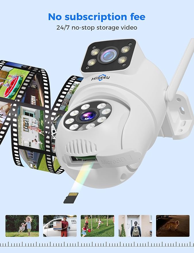 Hiseeu Wireless Security Camera Dual Lens PTZ Outdoor with 128GB SD Card, 2K WiFi-Pro 5G/ 2.4Ghz Surveillance Cameras, Color Night Version, Plug-in Cable, Works with Wireless System