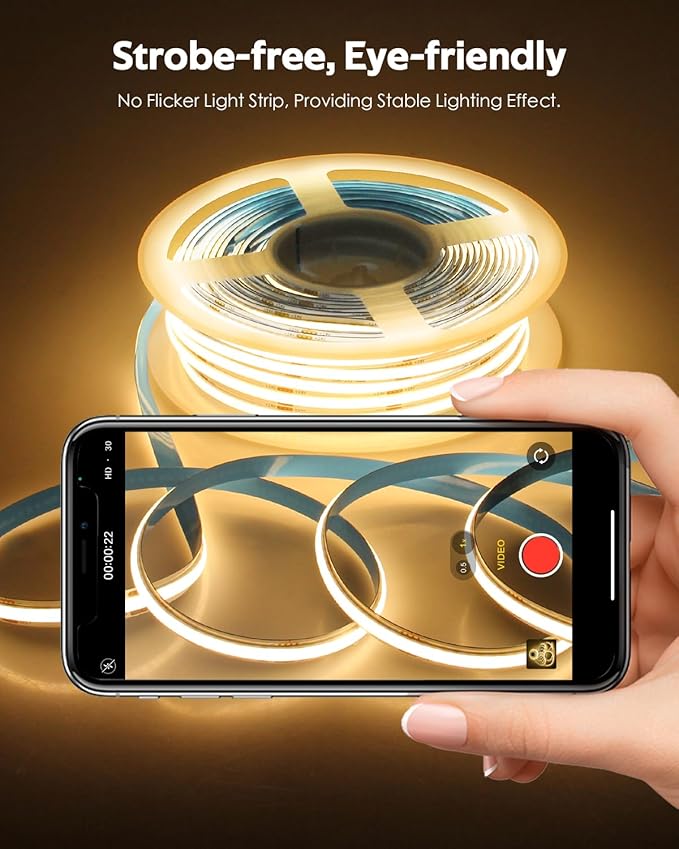 24V COB Led Light Strip 3000K 100FT Bluetooth Dimmable Flexible COB LED Strip Tape Light with Remote for Bedroom Warm White CRI90+ 480LED/M Hight Density Super Bright for Home Lighting 30M/2roll