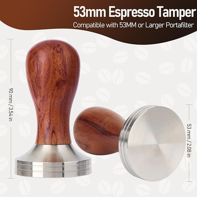 53mm Espresso Tamper Kit, Hard Wood Espresso Tamper Tool & Powder Press Pad & 8-Needles Espresso Stirrers For 53 mm Portafilter