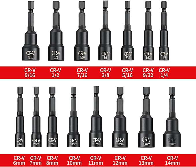 15PCS Magnetic Nut Driver Set,Impact Power Hex Nut Driver Drill Bit Master Kit, SAE & Metric, 1/4-Inch Quick-Change|Cr-V Steel