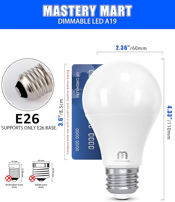 MASTERY MART 36 Pack A19 LED Light Bulbs 60W Equivalent, 9.5W Dimmable, Flicker-Free, 800 Lumens, 5000K Bright Daylight White, E26 Base, 10000 hours, Energy Saver Bright for Home, Bedroom, Living Room
