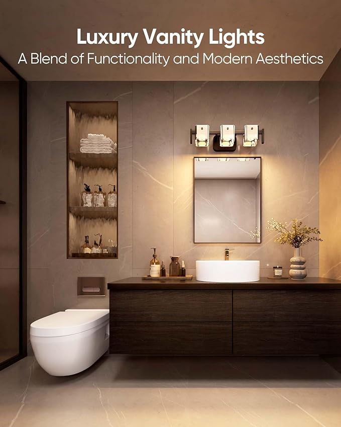 JACKYLED Bathroom Light Fixture, Modern 3-Light Vanity Lights with Art Glass Shades, 3 Color Temperatures LED Bathroom Lighting Fixture Over Mirror, 15W 900 Lumen 30° Adjustable, Ash Gray Glass