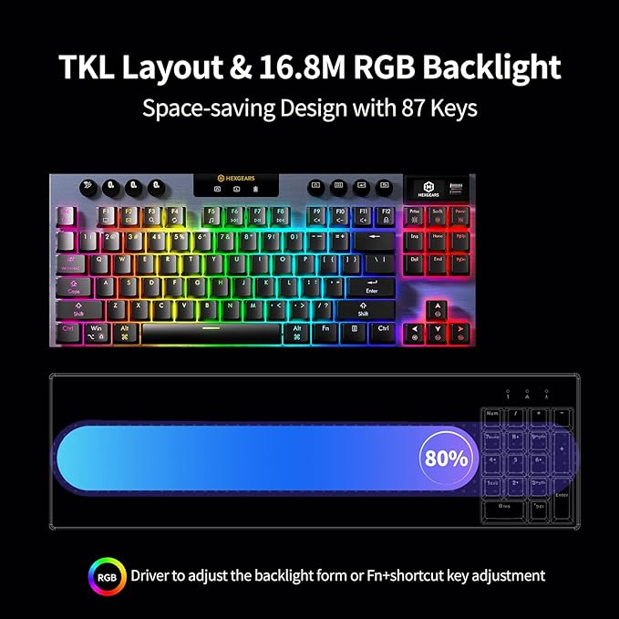 Hexgears Immersion A3 TKL Wireless Mechanical Gaming Keyboard, Bluetooth/2.4G/USB-C Hot-Swappable Low-Profile Keyboard with Linear Switches, 16.8M RGB Backlit, Display Screen & 5800mAh Battery(Black)
