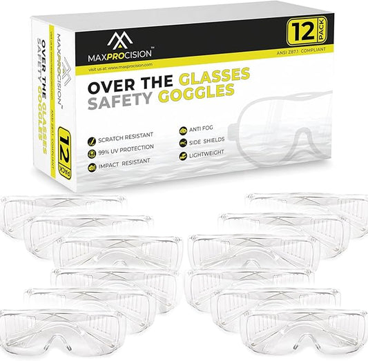 Bulk Packs Safety Glasses Over Eyeglasses - (ANSI Z87, Anti-Fog, Scratch-Resistant, UV Protection)
