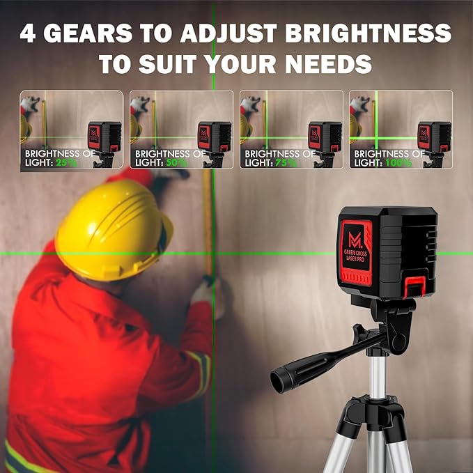 Laser Level with Tripod, 100 feet Green Cross Line Self Rotary Leveling Laser Level, 4 Brightness Adjustment, Manual Self leveling and Pulse Mode,IP54 Waterproof Battery Carrying Bag Included