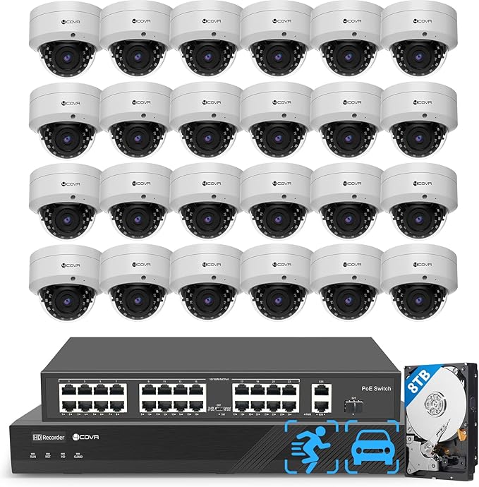 4COVR 32 Channel Security Camera System PoE with Mic, 24Pcs 5MP IK10 Vandal-Proof Dome IP Camera IP67, AI Human Vehicle Detection, 4K UHD NVR 8TB HDD, Commercial Surveillance Outdoor, LY54AX5M3224