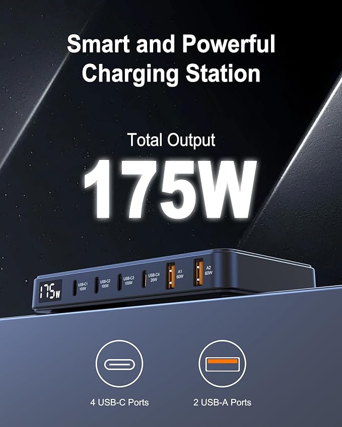 175W USB-C Charger, Ultra-Thin 6 Ports GaN Fast Charging Station, PPS PD 100W Laptop Charger Adapter, LCD Display, Compatible with MacBook Pro/Air, iPhone 15/14/13, Pixel, Galaxy, and More