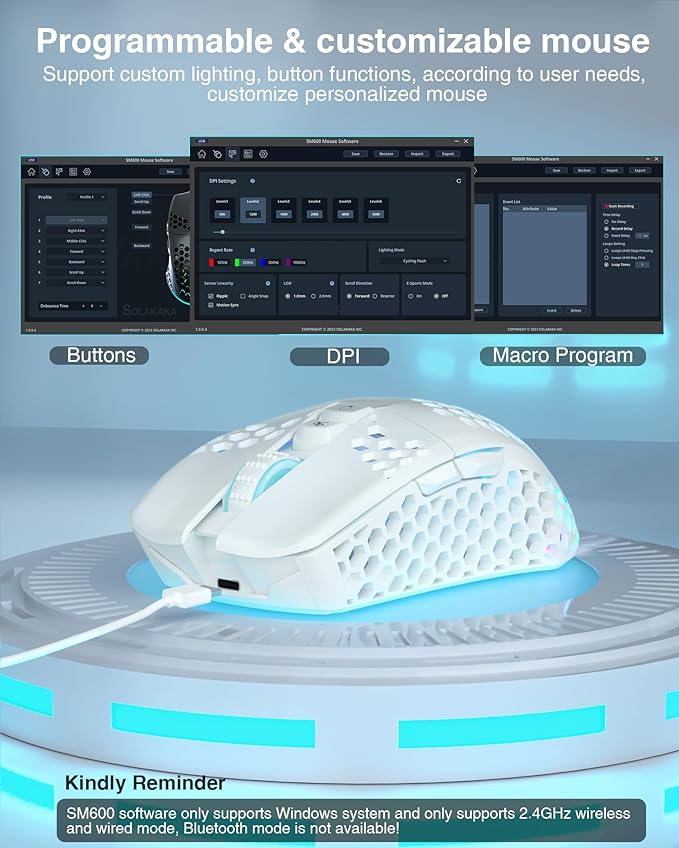 SM600 White Wireless Gaming Mouse,Tri-Modes BT5.1/Type-C Wired/2.4G Wireless Mouse with 2 Side Buttons, Programmable Macro Gamer Mouse with RGB Light for Laptop/PC/Mac