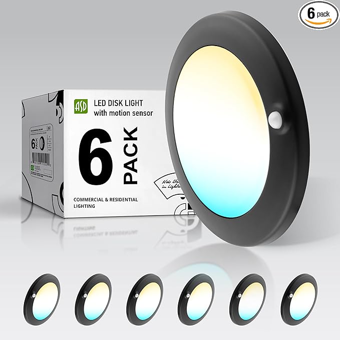 ASD 6 Pack Motion Sensor LED Disk Lights 6 Inch, 15W 5CCT 2700-5000K 1149LM CRI90+, Indoor Ceiling Flush Mount Light Fixture, Low Profile Lighting for Closet, Hallway, Pantry, Porch, Garage, Black, UL