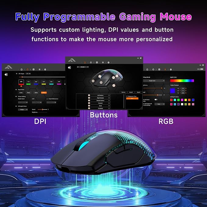FFJ Master02 Wireless Gaming Mouse, 12000 DPI, Tri-Mode 2.4G/USB-C/Bluetooth 5.3 Gaming Mouse, Large RGB Backlit, 6 Programmable Buttons, 75Hr Battery Life for PC, Mac, Laptop, PS5, Xbox - Black
