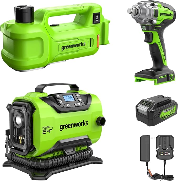 Greenworks 24V 3pcs Brushless Power Tool Combo Kit,Cordless Car Jack,Tire Inflator, Impact Wrench, Includes 4.0Ah Battery & Charger
