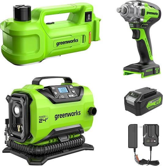 Greenworks 24V 3pcs Brushless Power Tool Combo Kit,Cordless Car Jack,Tire Inflator, Impact Wrench, Includes 4.0Ah Battery & Charger