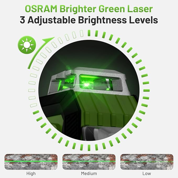 Huepar Laser Level, 360 Self Leveling 1/13-Inch-High Accuracy 3D Green Laser Line Leveler with Rechargeable Battery, LCD Screen, Adjust Brightness, Pulse Mode, Magnetic Base, Hard Carry Case (HX03CG)