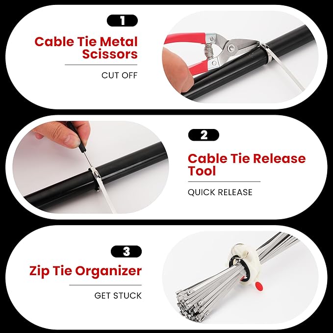 Stainless Steel Cable Tie Gun Set – Heavy Duty Metal Zip Tie Tool Kit - 150PCS Self-Locking Ties, Adjustable Fastening & Cutting Tool for Outdoor Fencing, Automotive, Exhaust Pipes (Black)