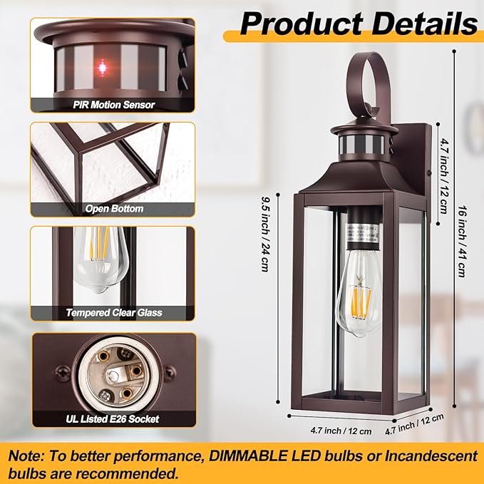 Oil Rubbed Bronze Motion Sensor Outdoor Light, 16" Dusk to Dawn Outdoor Lighting, Exterior Wall Sconce Waterproof, Large Brown Outside Lamp for House, Modern Wall Mount Porch Lantern 3 Modes, 1 Pack