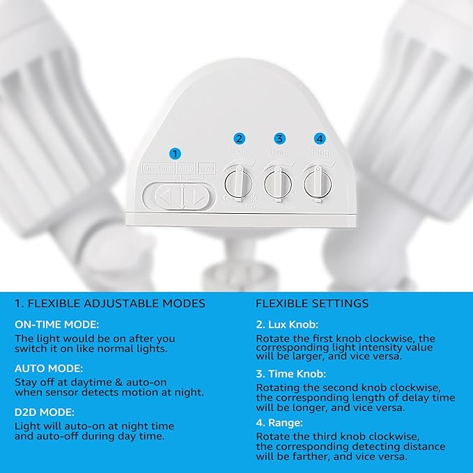 LEONLITE COB LED Security Light, Motion Sensor Flood Lights Outdoor, Aluminum, 3 Modes Motion Detector+Dusk to Dawn+Switch Control, 100-277V, Adjustable 2-Head, IP65, 3000K Warm White, ETL, White