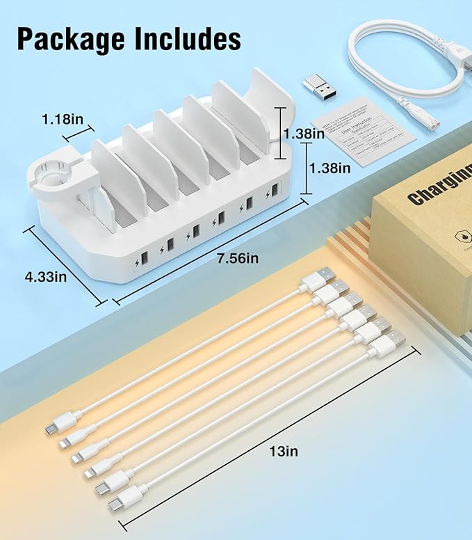 𝟐𝟎𝟐𝟓 𝐔𝐩𝐠𝐫𝐚𝐝𝐞𝐝 Charging Station for Multiple Devices【Smart IC Tech & Adjustable Dividers】 6-Port USB Charging Dock Compatible w/iPhone/Android/MacBook/Tablet/Kindle & Other Electronic