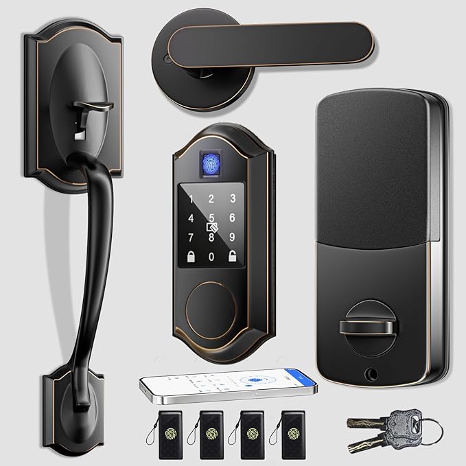 Fingerprint Smart Front Door Lock Set, Keyless Entry Door Lock & Front Door Handle Set, App Control, Digital Touchscreen Keypad, Smart Locks for Front Door, Easy Install, Oil Rubbed Bronze