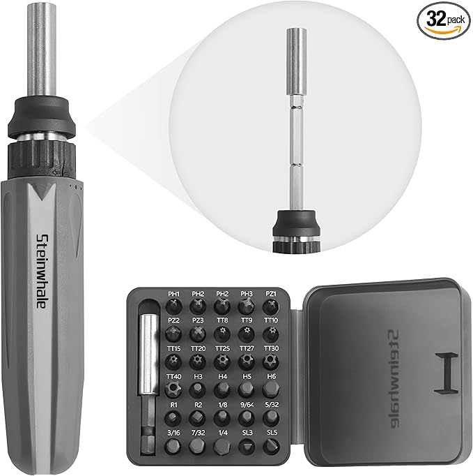 32 in 1 Ratchet Screwdriver Set with Push-Eject Extension Rod, 48-Tooth Gear Ratchet, Antislip Soft Handle, Magnetic Bit Holder, 30pcs S2 Steel Bits, Excellent Handling and Versatile Use