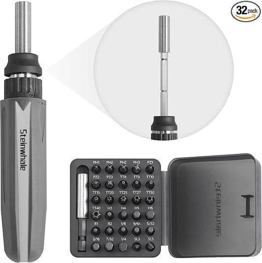 32 in 1 Ratchet Screwdriver Set with Push-Eject Extension Rod, 48-Tooth Gear Ratchet, Antislip Soft Handle, Magnetic Bit Holder, 30pcs S2 Steel Bits, Excellent Handling and Versatile Use