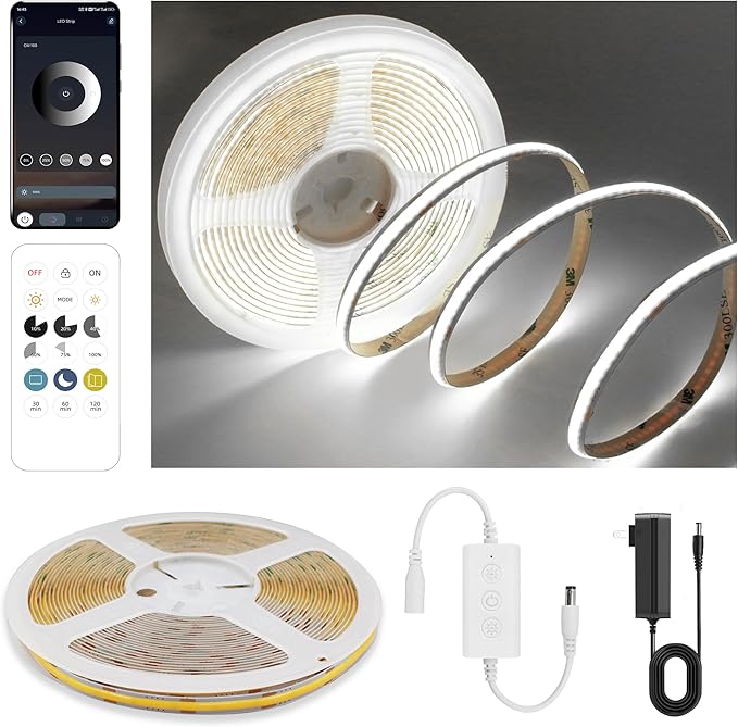 COB LED Strip Lights Cool White,24V Dimmable led Light Strip KIT with Remote and app Control,6000K 9.84FT/3m 8mmwide Ra>90 Cuttable Flexible Strip Lights for Bedroom,TV Lights,Cabinet