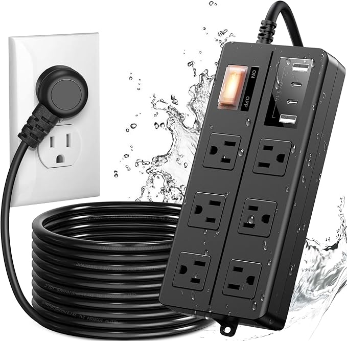 IPX6 Outdoor Power Strip Weatherproof, Waterproof Surge Protector with 6 Wide Outlet with 2A2C USB Ports, 15FT Long Extension Cord, Wall Mountable for Outside Decorations and More UL Listed(Black)