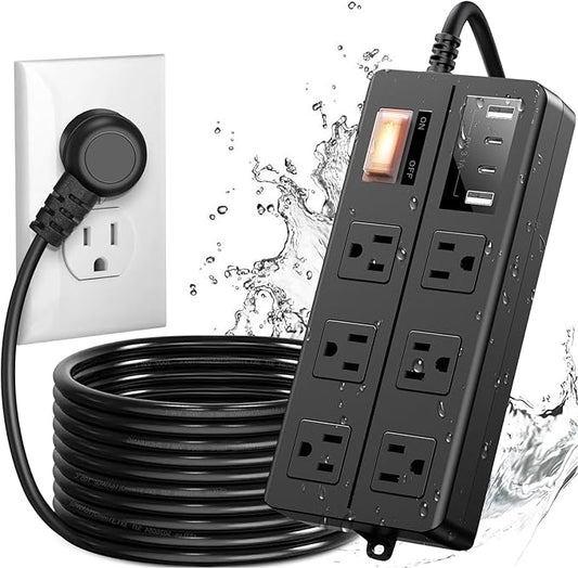 IPX6 Outdoor Power Strip Weatherproof, Waterproof Surge Protector with 6 Wide Outlet with 2A2C USB Ports, 15FT Long Extension Cord, Wall Mountable for Outside Decorations and More UL Listed(Black)