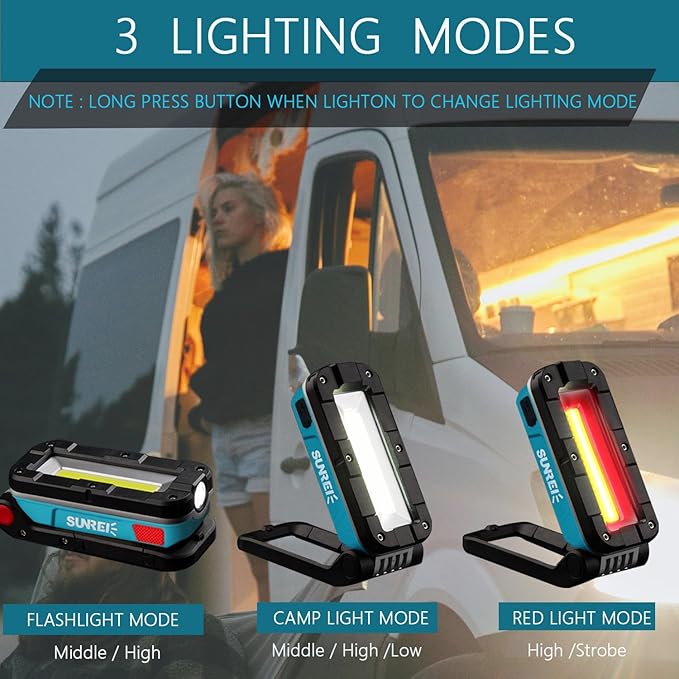 SUNREI LED Rechargeable Magnetic Work Lights COB Mechanic Lights,1100 Lumens, Magnetic Base & Hanging, 7Mode, Magnetic Flashlight Job Site & Security for Car Repair, Emergency, Gift for Men