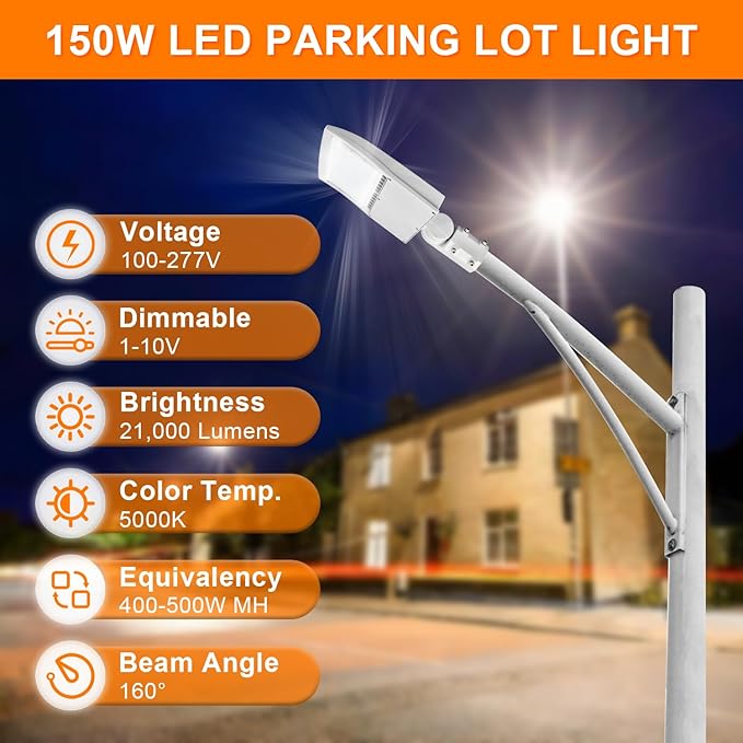150W White LED Parking Lot Light, 21000LM LED Shoebox Area Light [500W MH/HPS Equiv.], 5000K Dimmable Outdoor Street Lighting with Surge Protection Built-in, IP65 AC100-277V UL&DLC Listed