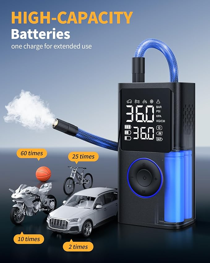 Tire Inflator Portable Air Compressor, 150 PSI Cordless Bike Pump, Air Pump for Auto, Motorcycle, Bicycle, Balls with Pressure Gauge, LED Light & Car Accessories, Blue, Medium