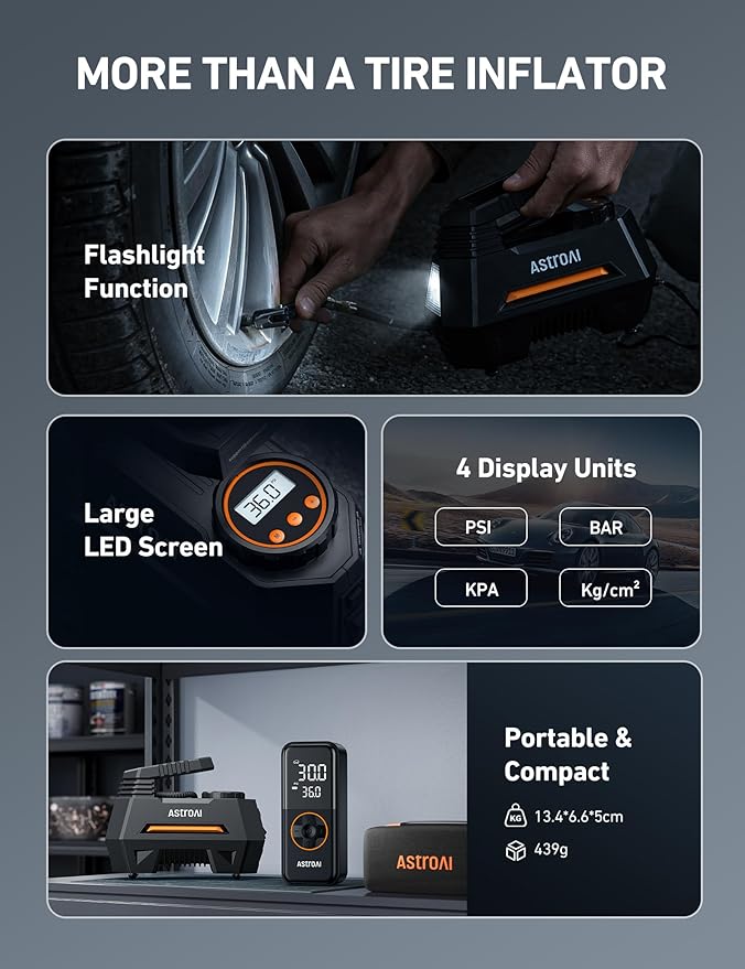 AstroAI Tire Inflator Portable Air Compressor Tire Air Pump for Car Tires - Car Accessories, 9.8Ft 12V DC-Powered Auto Pump with Digital Pressure Gauge, LED Light for Bicycle, Balloons, Orange