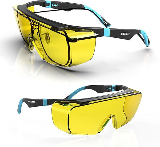 DEX FIT Safety Work Over Glasses SG210 OTG; Z87 Eye Protection for Men & Women, Fog & Scratch Resistant, Adjustable, UV & Blue Light Blocking (Black & Blue Frame, Yellow Lens)